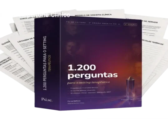 Capa do livro 1.200 Perguntas para o Setting Terapêutico mostrando páginas de perguntas clínicas