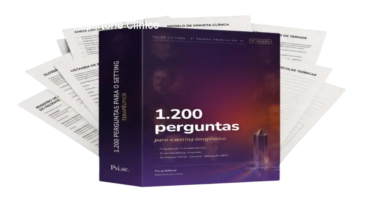 Capa do livro 1.200 Perguntas para o Setting Terapêutico mostrando páginas de perguntas clínicas