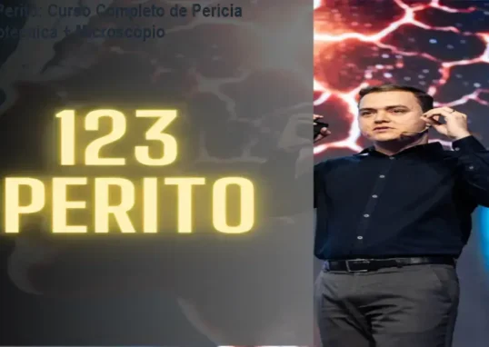 Imagem promocional do curso 123 Perito destacando o microscópio digital incluso e suporte 24h