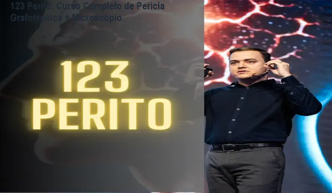 Imagem promocional do curso 123 Perito destacando o microscópio digital incluso e suporte 24h