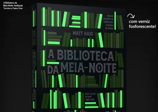 Capa do livro A Biblioteca da Meia-Noite, edição em português, mostrando design vibrante e título destacado