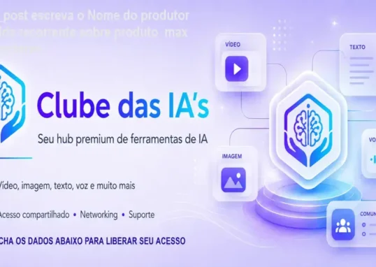 Visão geral do hub de IA do Clube das IA's reunindo ferramentas de vídeo, imagem, texto e áudio