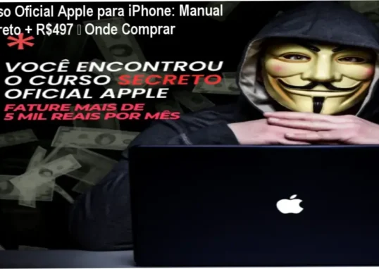 Imagem promocional do Curso Oficial Apple para iPhone mostrando preço, manual secreto e botão de acesso