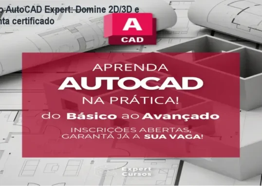 Imagem promocional do Curso AutoCAD Expert mostrando certificado e bônus de blocos