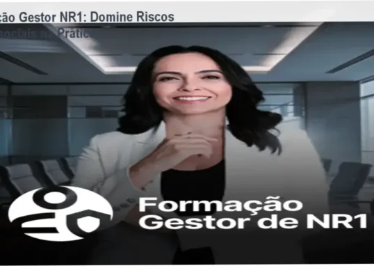 Imagem da capa da Formação Gestor de NR1 mostrando documentos de SST e foco em saúde mental corporativa
