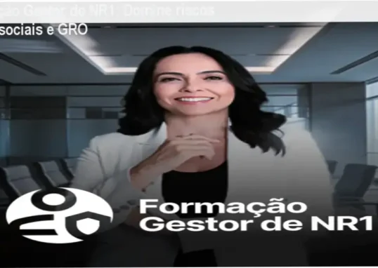 Capa da Formação Gestor de NR1 de Izabella Camargo mostrando documentos de SST e saúde mental corporativa