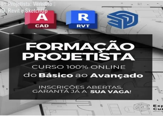 Imagem promocional da Formação Projetista destacando descontos e cupons para o curso de AutoCAD, Revit e SketchUp