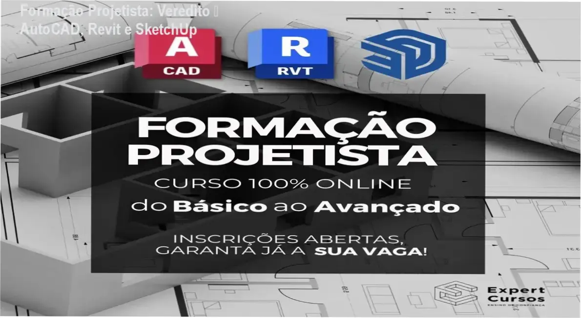 Imagem promocional da Formação Projetista destacando descontos e cupons para o curso de AutoCAD, Revit e SketchUp