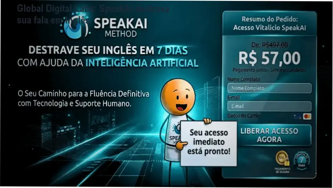 Tela do curso Método SpeakAI mostrando frases práticas para destravar a fala em inglês