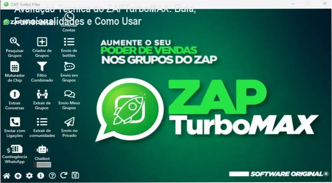 Tela do ZAPTurboMAX mostrando automação de mensagens e chatbot IA