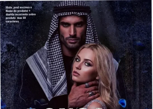 Capa do eBook A Prisioneira do Sheik dos Diamantes mostrando a protagonista Safya enfrentando o sheik bilionário Fahad Al-Jawhara