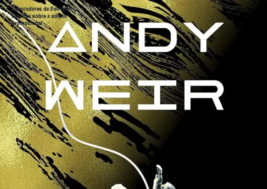 Capa do livro Devoradores de Estrelas de Andy Weir mostrando a nave Hail Mary no espaço