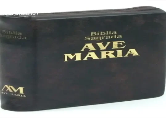 Bíblia Sagrada Ave Maria tamanho médio marrom com fechamento em zíper sobre fundo neutro