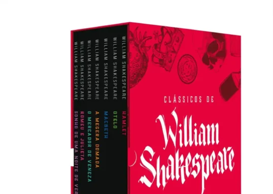 Box com 7 livros clássicos de Shakespeare traduzidos por Júlio Emílio Braz, com marcadores de páginas para facilitar a leitura.
