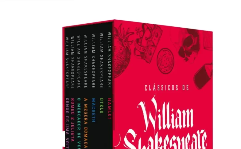 Box com 7 livros clássicos de Shakespeare traduzidos por Júlio Emílio Braz, com marcadores de páginas para facilitar a leitura.