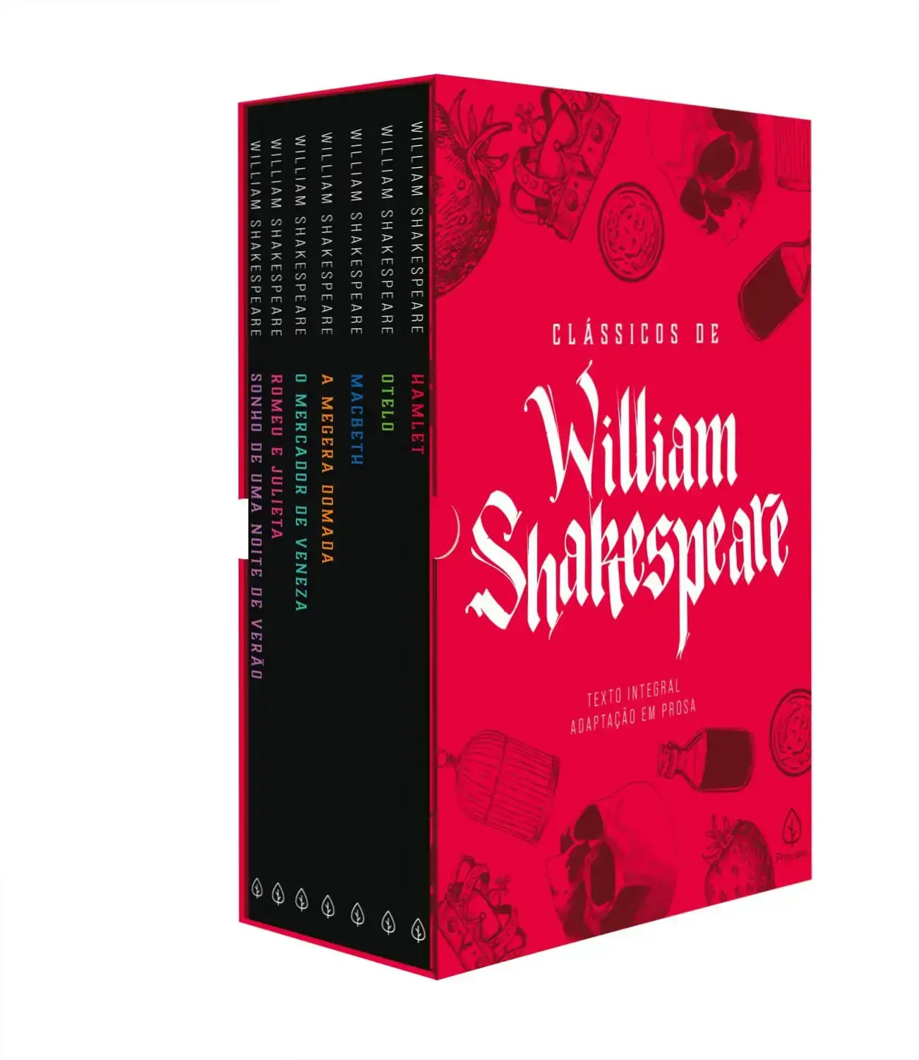 Box com 7 livros clássicos de Shakespeare traduzidos por Júlio Emílio Braz, com marcadores de páginas para facilitar a leitura.