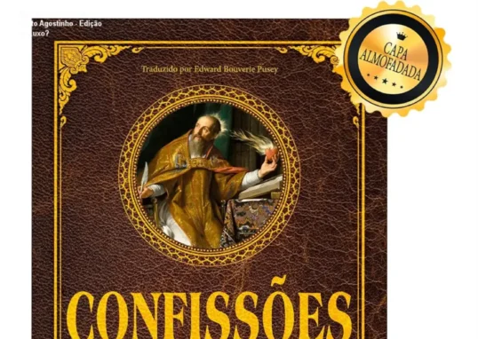Capa dura almofadada do livro Confissões de Santo Agostinho, edição de luxo, com acabamento elegante e marcador de páginas de fita.