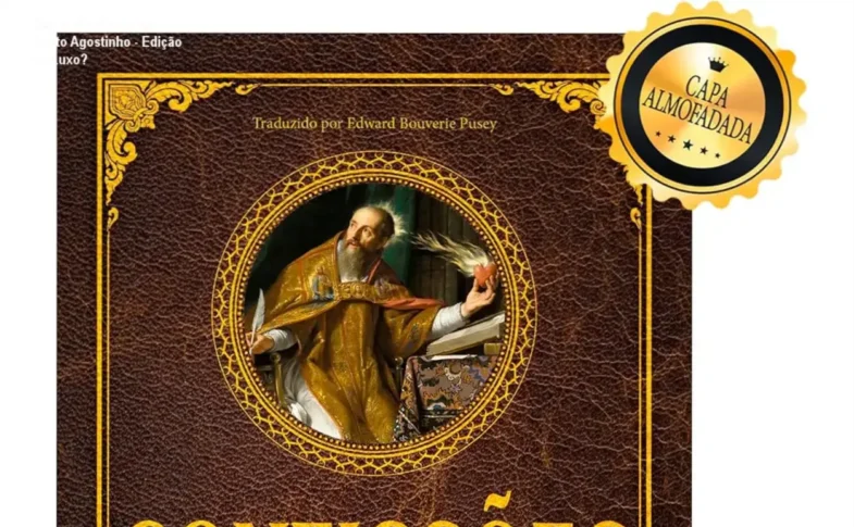 Capa dura almofadada do livro Confissões de Santo Agostinho, edição de luxo, com acabamento elegante e marcador de páginas de fita.