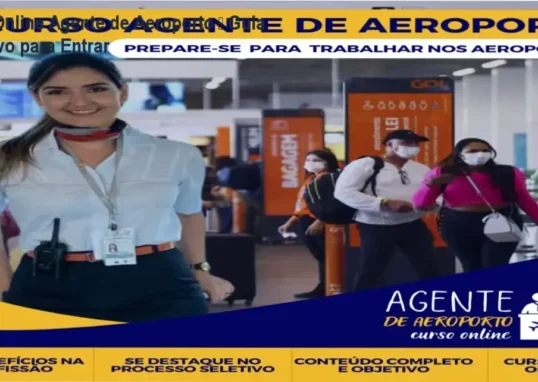 Imagem do Curso Online Agente de Aeroporto mostrando módulos de treinamento e bônus de vagas