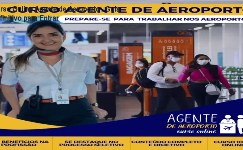 Imagem do Curso Online Agente de Aeroporto mostrando módulos de treinamento e bônus de vagas