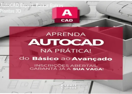 Tela do curso AutoCAD Expert com blocos CAD e projetos arquitetônicos profissionais