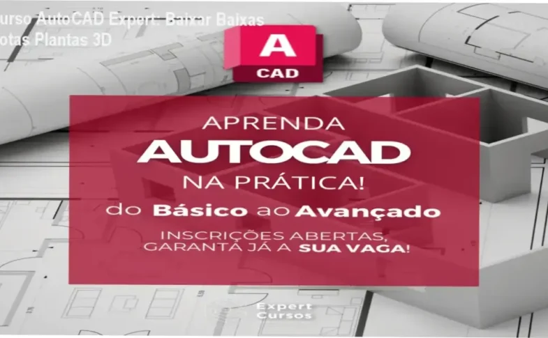 Tela do curso AutoCAD Expert com blocos CAD e projetos arquitetônicos profissionais