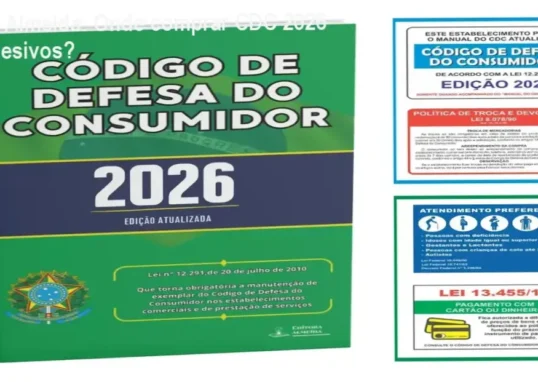 Livro do Código de Defesa do Consumidor 2026 da Editora Almeida com placas adesivas ao lado