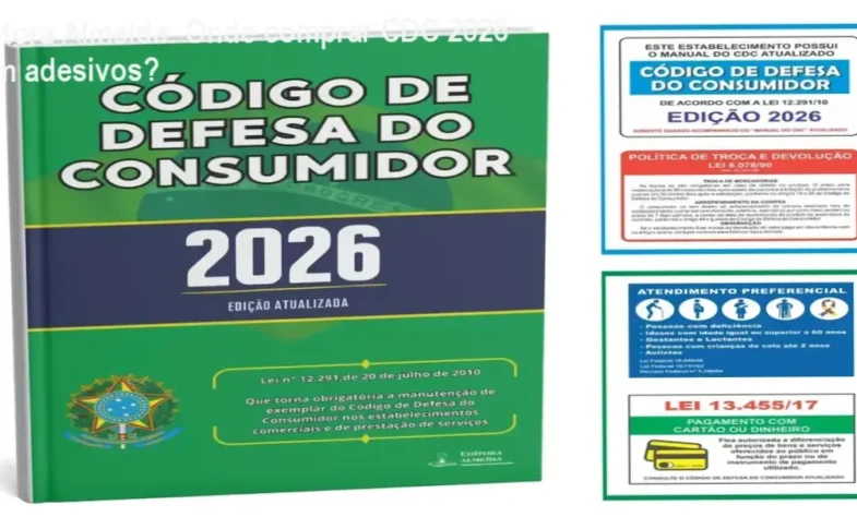 Livro do Código de Defesa do Consumidor 2026 da Editora Almeida com placas adesivas ao lado