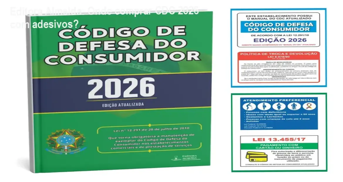 Livro do Código de Defesa do Consumidor 2026 da Editora Almeida com placas adesivas ao lado
