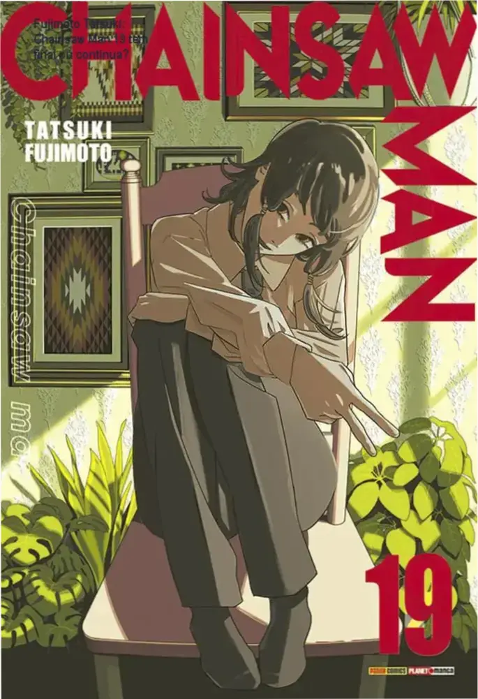 Capa do volume 19 de Chainsaw Man de Fujimoto Tatsuki com Denji em cena de sushi