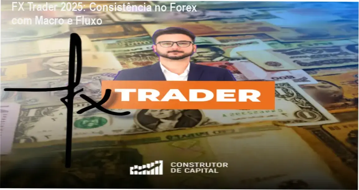 Imagem do curso FX Trader 2025 mostrando análise macroeconômica e fluxo de ordens no Forex