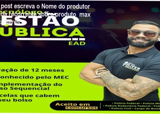 Tela com informações sobre o curso Tecnólogo em Gestão Pública do Instituto Óliver, destacando benefícios como acesso online, duração de 12 meses e validação para concursos públicos.