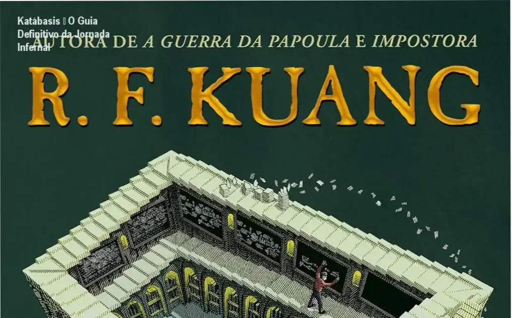 Capa ilustrada de Katábasis, com personagens-chave e elementos mágicos em cenário infernal sombrio