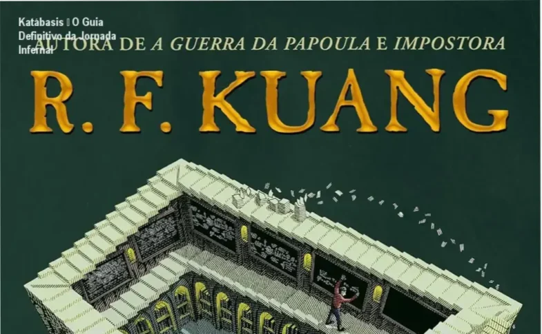 Capa ilustrada de Katábasis, com personagens-chave e elementos mágicos em cenário infernal sombrio