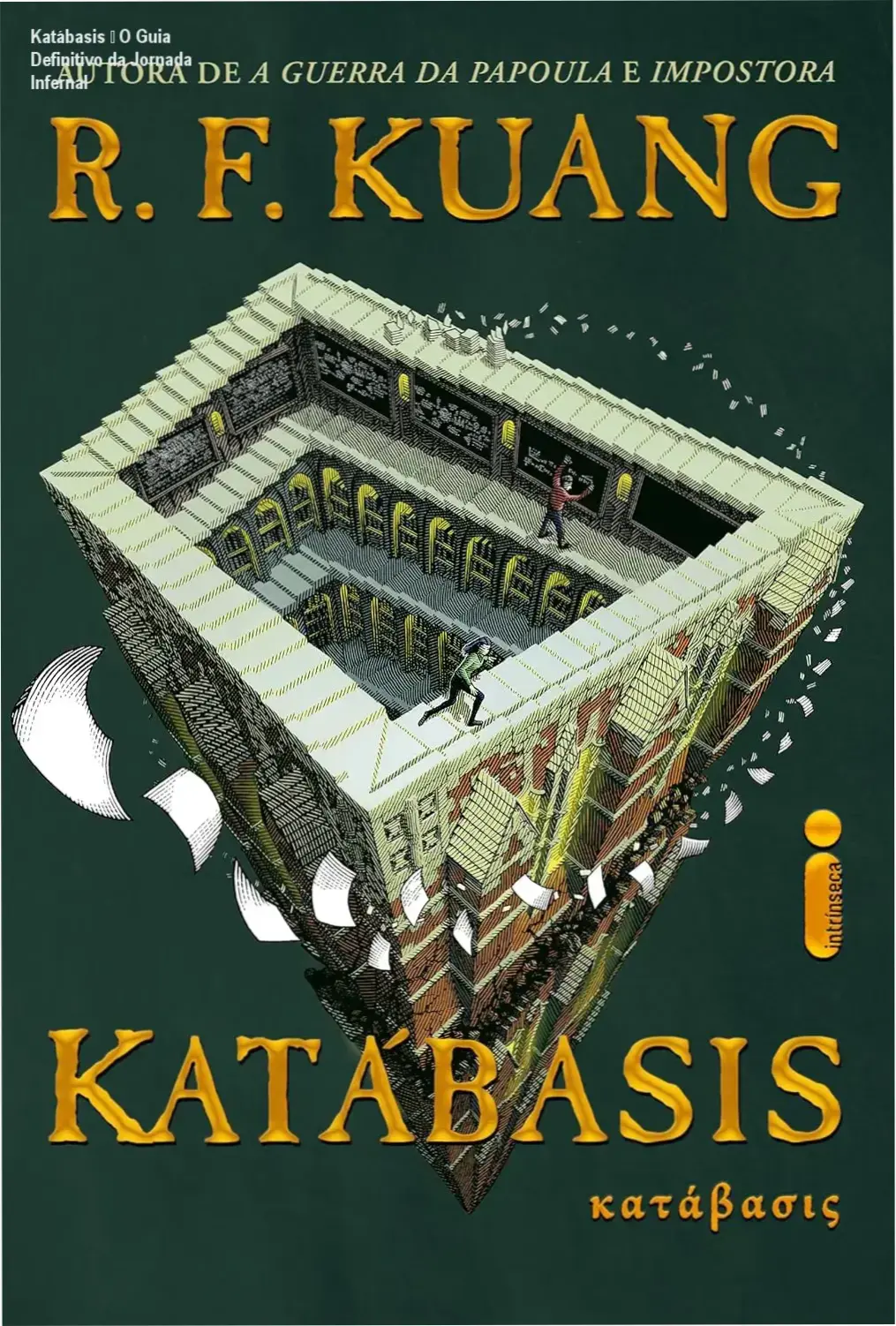 Capa ilustrada de Katábasis, com personagens-chave e elementos mágicos em cenário infernal sombrio