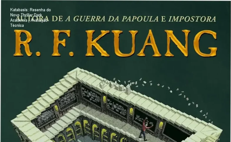 Capa do livro Katabasis mostrando personagens em um ambiente sombrio com cenas de bruxaria acadêmica