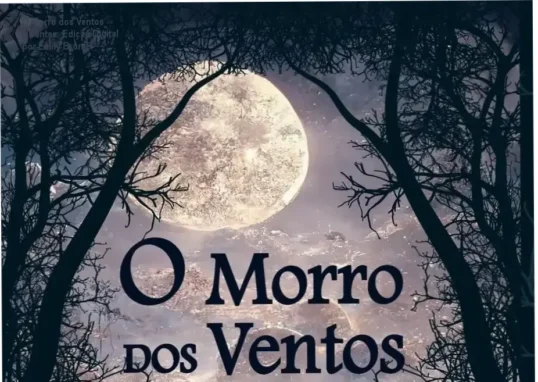 Capa digital do livro 'O Morro dos Ventos Uivantes' com destaque para o título e ilustrações sombrias