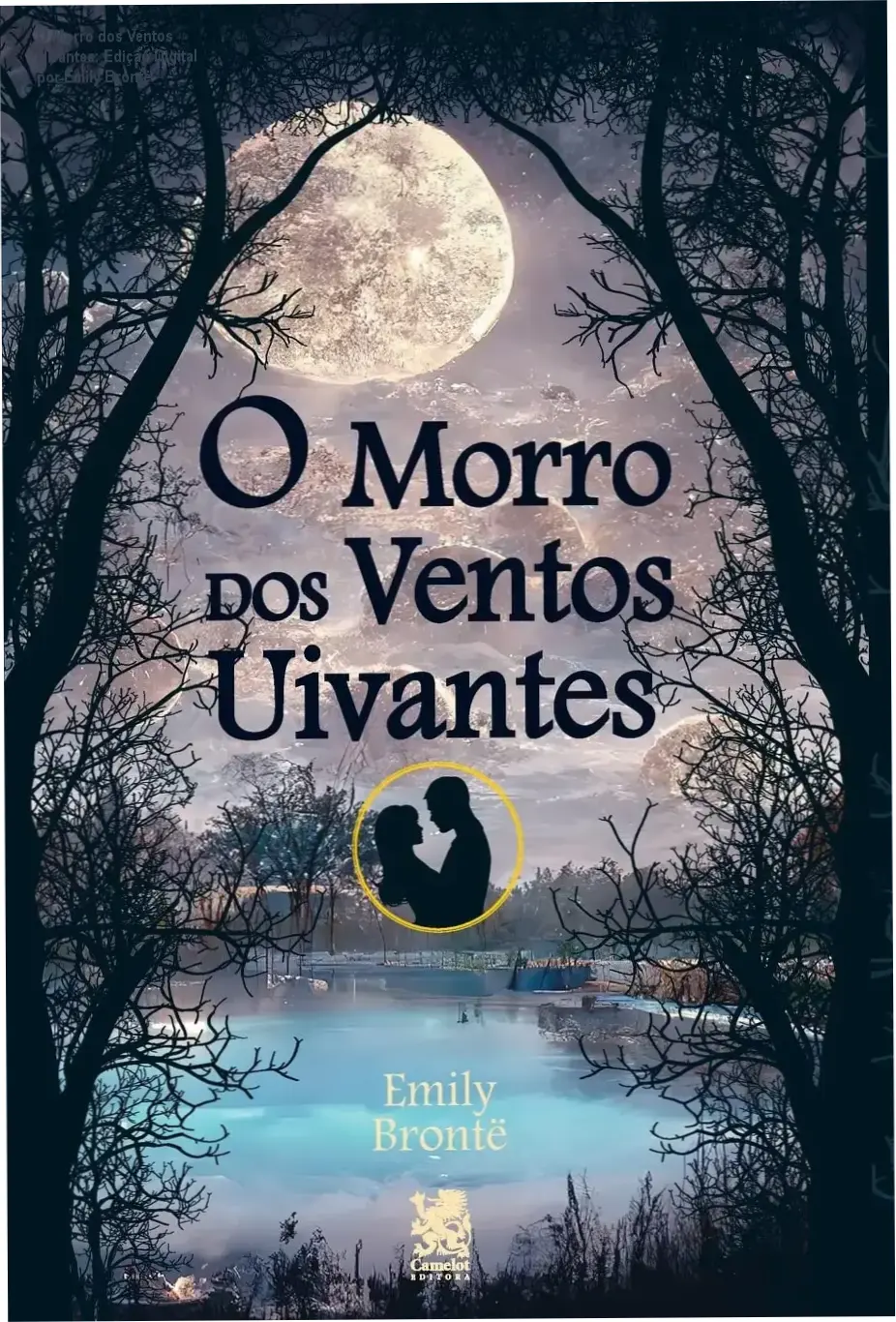 Capa digital do livro 'O Morro dos Ventos Uivantes' com destaque para o título e ilustrações sombrias