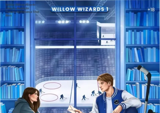 Capa do livro Deslize (Willow Wizards Livro 1) com elementos de hóquei e romance entre príncipe e plebeia