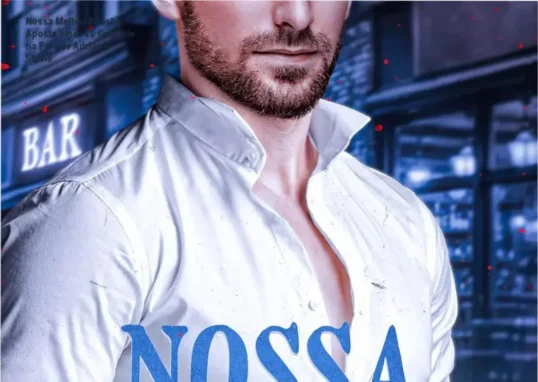Capa do romance 'Nossa Melhor Aposta' mostrando Adrian e Stevie em frente ao bar em discussão, com um colete e gravata contrastando com o encosto de bar