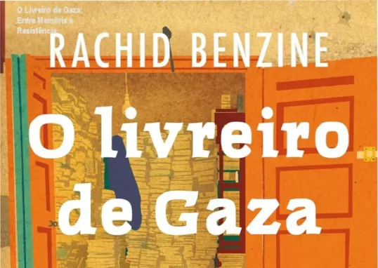 Capa de 'O Livreiro de Gaza' destacando simbolismo do protagonismo cultural em meio à destruição.