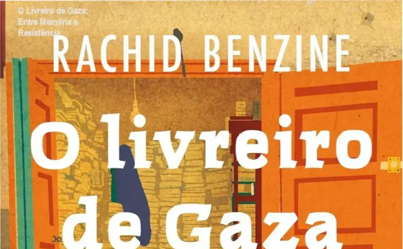 Capa de 'O Livreiro de Gaza' destacando simbolismo do protagonismo cultural em meio à destruição.
