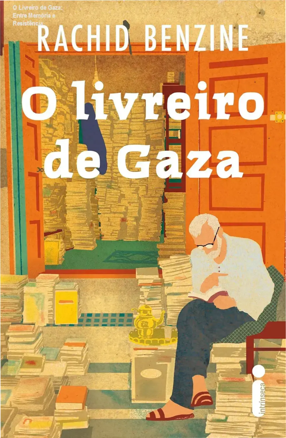 Capa de 'O Livreiro de Gaza' destacando simbolismo do protagonismo cultural em meio à destruição.