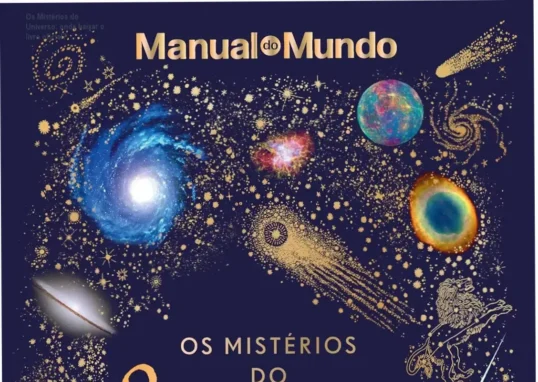 Livro Os Mistérios do Universo de capa dura com imagens de astronomia