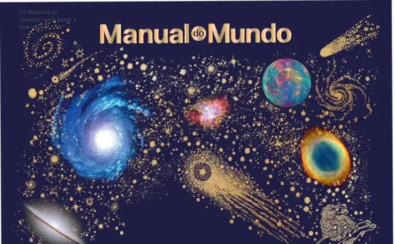 Livro Os Mistérios do Universo de capa dura com imagens de astronomia