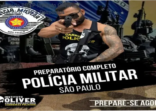 Imagem promocional do Preparatório Completo Polícia Militar de São Paulo com destaque para cupom de desconto