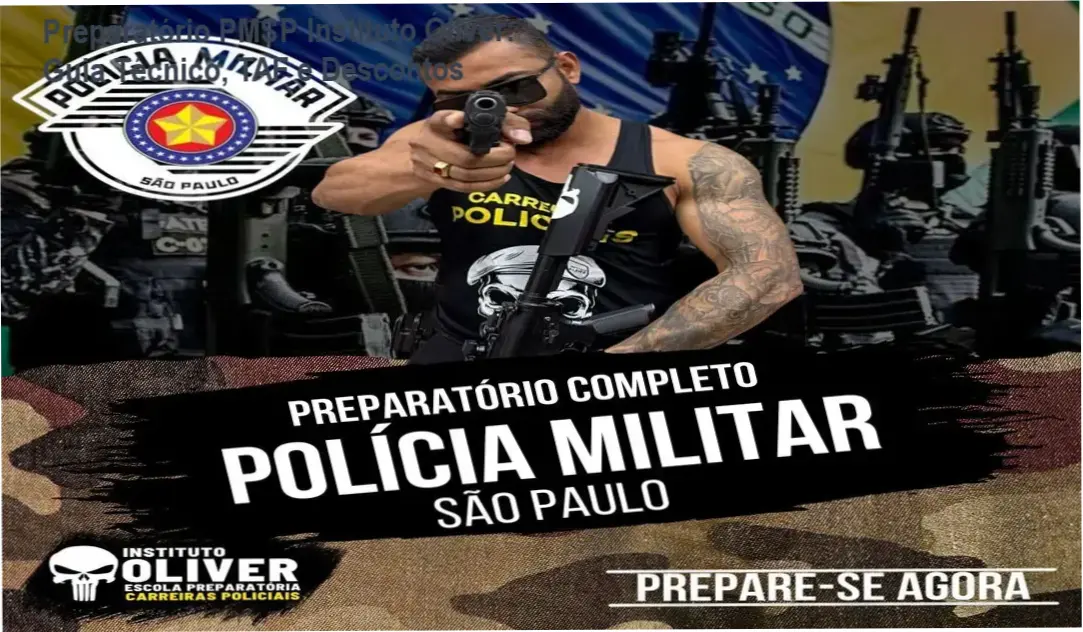 Imagem promocional do Preparatório Completo Polícia Militar de São Paulo com destaque para cupom de desconto