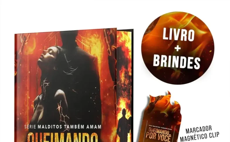 Capa do livro 'Queimando por você' com ilustrações sombrias representando fogo e sombras, personagem principal Benjamin e Valentina.