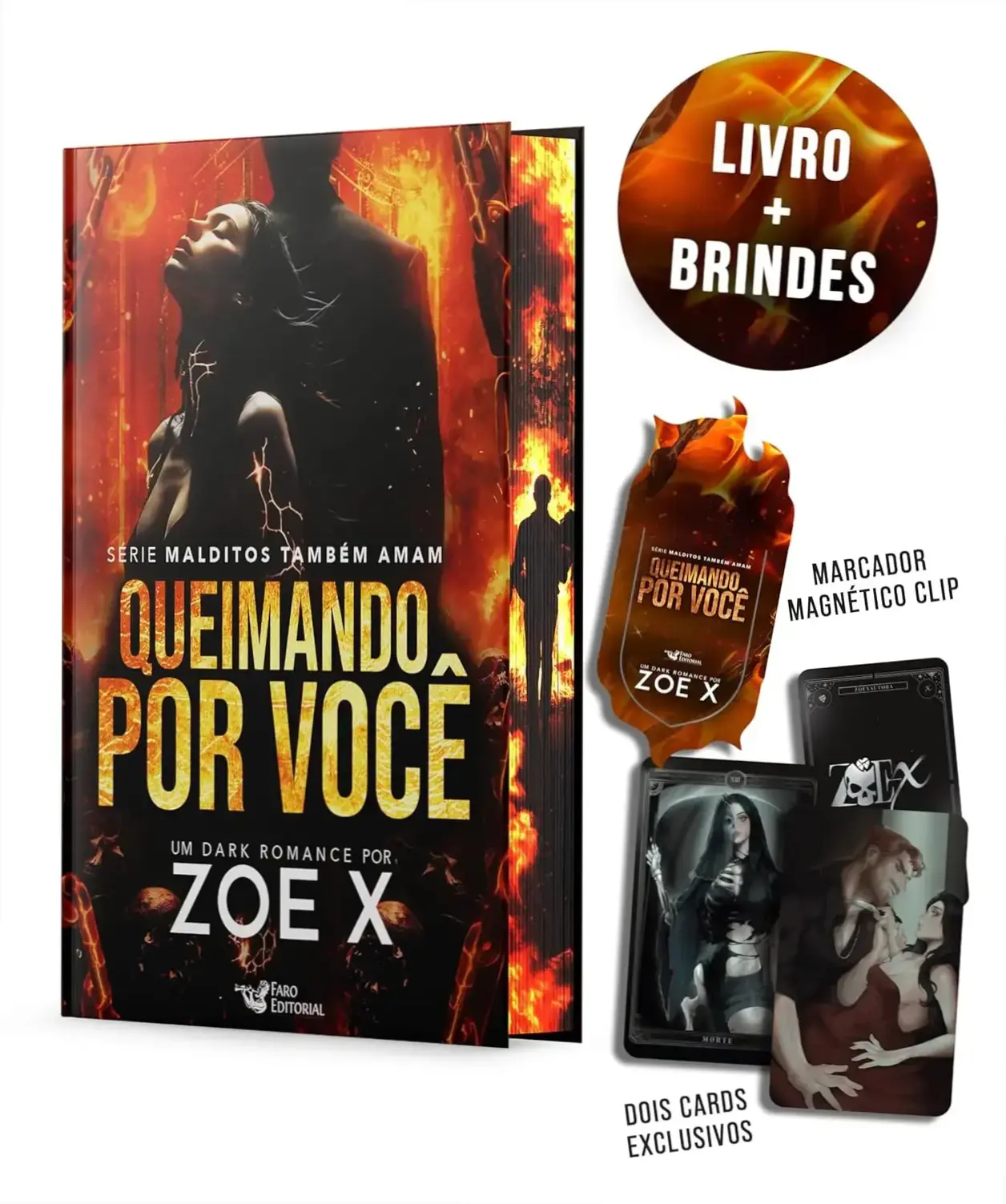 Capa do livro 'Queimando por você' com ilustrações sombrias representando fogo e sombras, personagem principal Benjamin e Valentina.