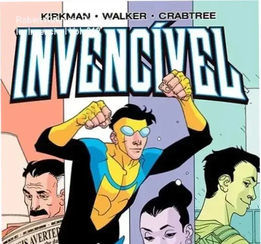 Capa do primeiro volume de Invencível mostrando Mark Grayson e Omni-Man